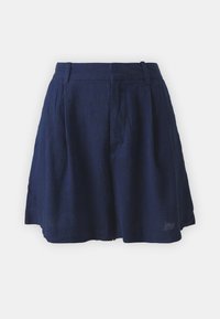 Mörkblå linnkjol med veckad design, som har en figursydd midja och A-linjeform, vilket ger ett lätt och texturerat utseende.