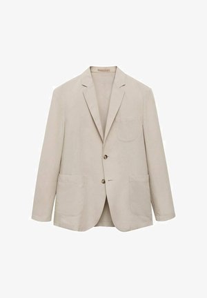 Beige Blazer aus leichtem Stoff mit Reverskragen, zwei Fronttaschen und einem Ein-Knopf-Verschluss. Schlichtes, sauberes Design.