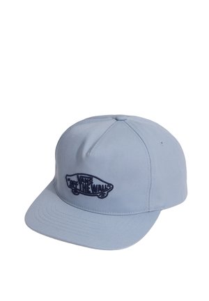 Lyseblå baseballkasket med flad skygge og mørkeblå Vans "Off The Wall" logo formet som et skateboard på frontpanelet.