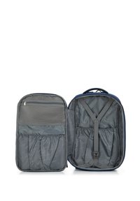 Marineblauwe rugzak met grijze binnenkant, voorzien van een ritsvak met gaas, verstelbare bandjes en elastische compartimenten voor organisatie.