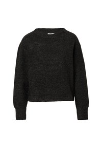 Schwarzer cropped Pullover aus strukturiertem Stoff mit langen Ärmeln und einem runden Halsausschnitt, der mit einem subtilen Schimmerdetail versehen ist.