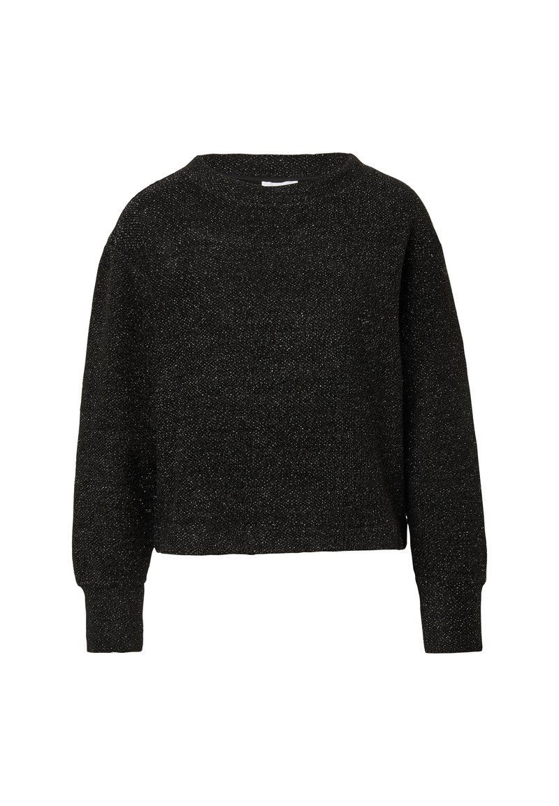 Schwarzer cropped Pullover aus strukturiertem Stoff mit langen Ärmeln und einem runden Halsausschnitt, der mit einem subtilen Schimmerdetail versehen ist.
