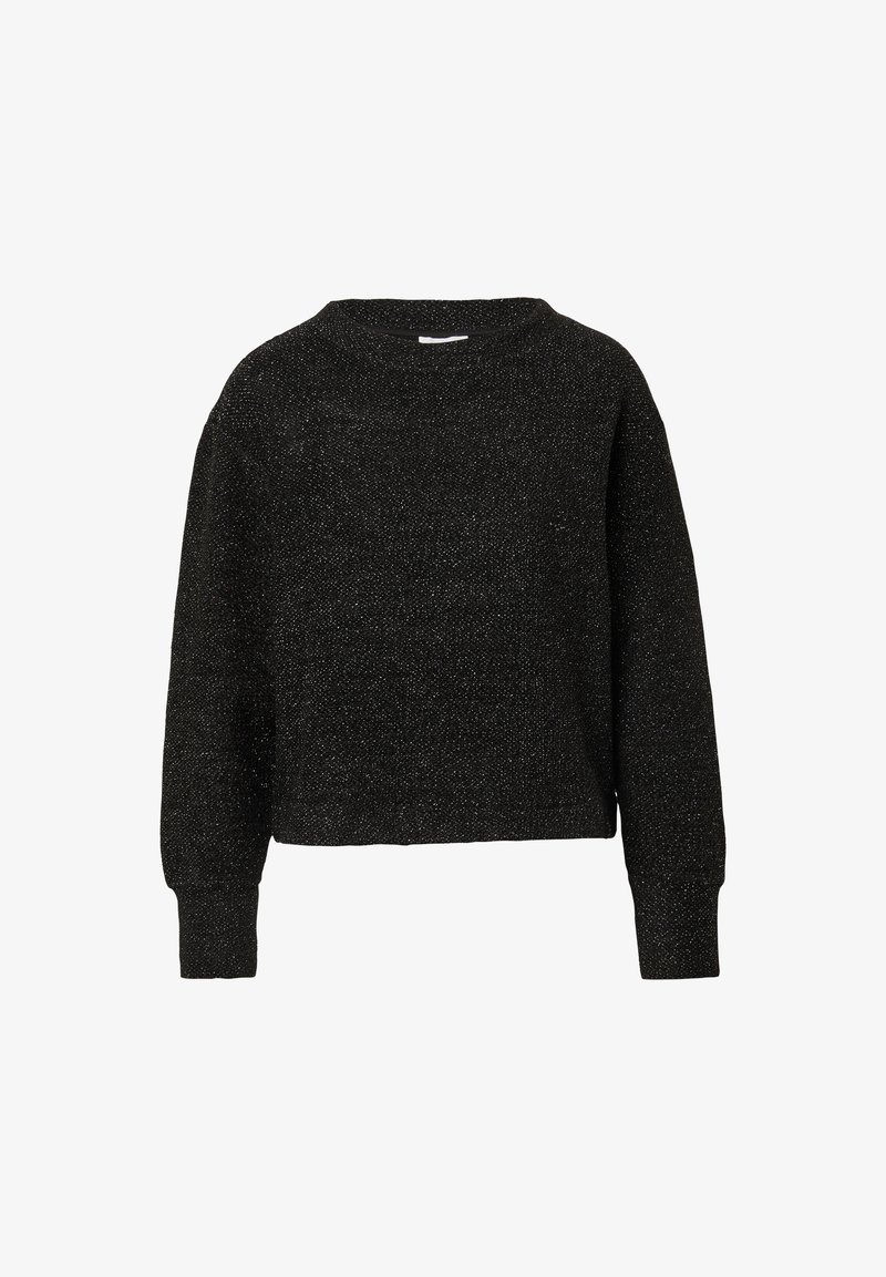Schwarzer cropped Pullover aus strukturiertem Stoff mit langen Ärmeln und einem runden Halsausschnitt, der mit einem subtilen Schimmerdetail versehen ist.