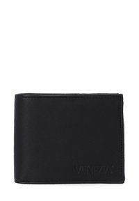 Sort læderpunge med en glat overflade, foldedesign, prægede logo på fronten og minimalistisk stil.