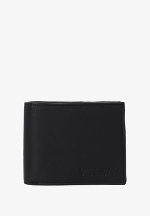 Black leather wallet with a smooth texture, fold design, embossed branding on the front, and minimalistic style.