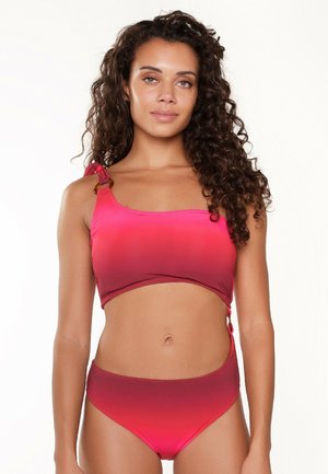 Zweiteiliges Bikini-Set mit einem Farbverlauf von tiefem Pink zu helleren Pinks. Das Oberteil hat ein breites Band und verstellbare Schulterträger mit hardware Akzenten.