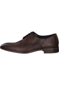 Brown leather dress shoe with a rounded toe, textured cap, five eyelets, and a low stacked heel. Smooth finish with subtle sheen.