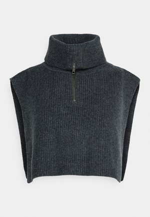 Pull sans manches en tricot côtelé gris foncé avec col roulé et fermeture éclair à l'avant.