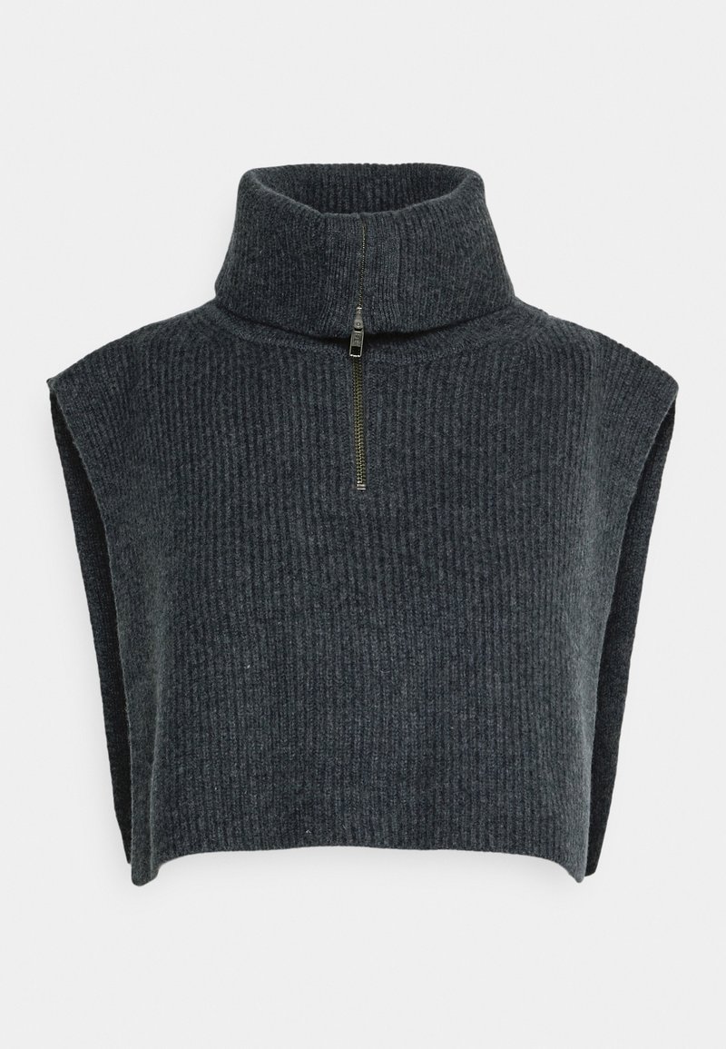 Pull sans manches en tricot côtelé gris foncé avec col roulé et fermeture éclair à l'avant.