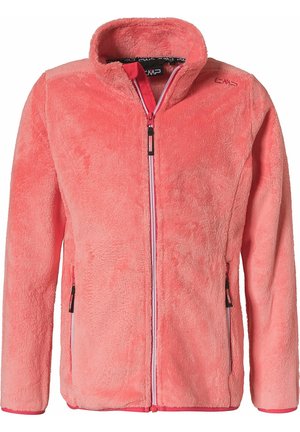 Fleecejack in levendig roze, met een hoge kraag, volledige rits en ritszakken aan de zijkant met contrasterende accenten. Zachte textuur.