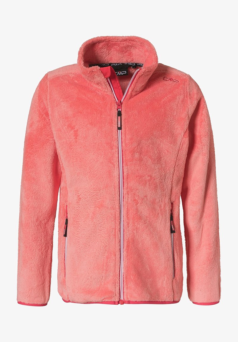 Giacca in pile di un vivace rosa, con colletto alto, zip completa e tasche laterali con zip con accenti a contrasto. Texture morbida.