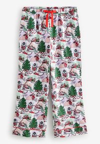 Bombažne pižamne hlače z barvitim božičnim vzorcem, ki vključuje drevesca, darila in praznične prizore. Rdeča naramnica in manšeta na robu.