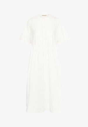 Rochie albă din bumbac, cu mâneci scurte, decolteu rotund, închidere cu buton în față și panouri verticale texturate pe corp.