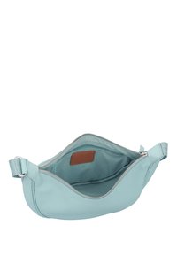Borsa in pelle azzurro chiaro con design curvo, zip argentata e interno beige. Include una piccola tasca con zip all'interno.