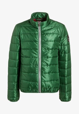 Zielona kurtka puchowa wykonana z błyszczącego, lekkiego materiału. Posiada wysoki kołnierz, zamek błyskawiczny z przodu oraz poziomy wzór pikowania.