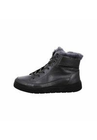 Schwarze Leder-High-Top-Schuhe mit einem weichen grauen Fellbund, runden Schnürsenkeln, glatter Oberfläche und dicker schwarzer Gummisohle.