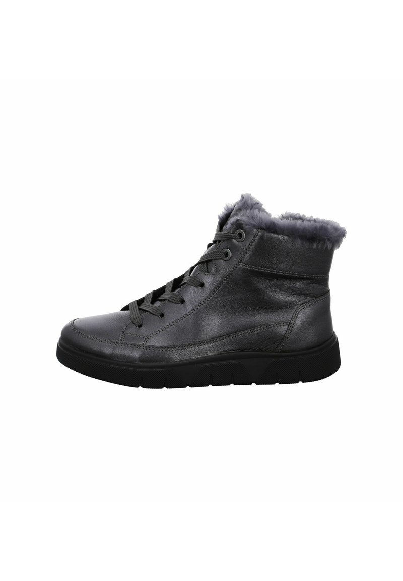 Schwarze Leder-High-Top-Schuhe mit einem weichen grauen Fellbund, runden Schnürsenkeln, glatter Oberfläche und dicker schwarzer Gummisohle.