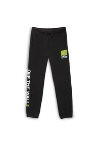 Pantalones de chándal negros con cintura y puños elásticos. Presentan la marca "VANS" en amarillo y blanco y el texto "OFF THE WALL" a lo largo de la pierna.