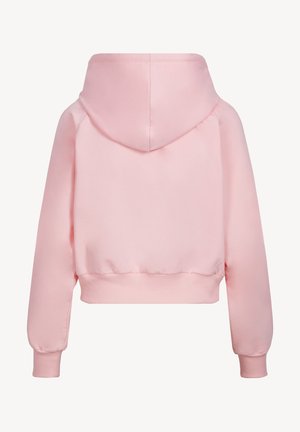 Jasnoróżowa krótka bluza z kapturem, długimi rękawami, ściągaczami na rękawach i kapturem, pokazana z tyłu na jednolitym tle.