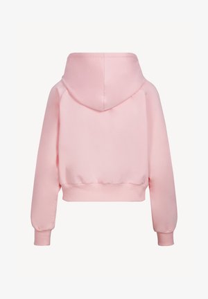 Jasnoróżowa krótka bluza z kapturem, długimi rękawami, ściągaczami na rękawach i kapturem, pokazana z tyłu na jednolitym tle.