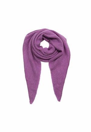 Purple scarf made of soft material, featuring a triangular, draped design with smooth texture and rounded ends.
