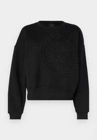 Sudadera negra recortada hecha de una tela suave, que presenta un gran logo circular texturizado en el frente y puños y dobladillo acanalados.