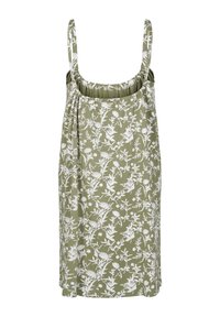 Olivno zelena obleka brez rokavov z belim cvetličnim vzorcem, nabranim izrezom in tekočo obliko. Lahka tkanina s gladko strukturo.