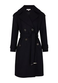 Marineblauwe trenchcoat van textuurstof, met dubbelknopen, een ceintuur in de taille en schouderkleppen.