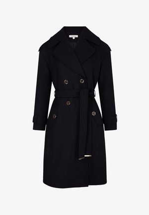 Marineblauer Trenchcoat aus strukturiertem Stoff, mit doppelter Knopfleiste, einem Gürtel in der Taille und Schulterklappen.