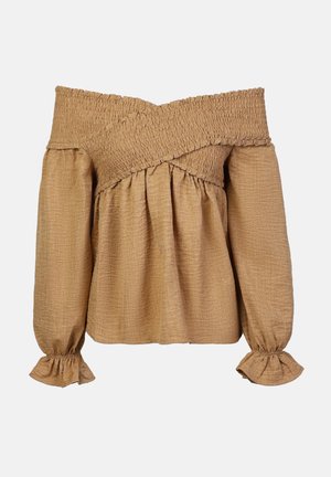 Blusa off-the-shoulder con maniche a sbuffo in tessuto marrone chiaro texturizzato; presenta un corpetto arricciato e una vita raccolta con polsini a ruffles.