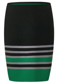 Svart pennkjol med horisontella ränder i grått och grönt, med en mjuk textur och figurnära design.