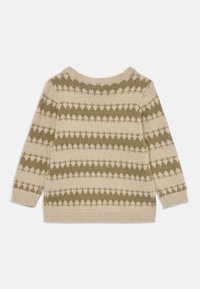 Maglione in maglia beige con motivi alternati verdi e crema, colletto rotondo e polsini e orlo a costine. Spessore medio e texture morbida.