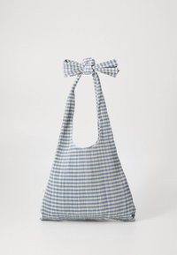 Blue and white checkered fabric bag with a knot detail at the top. Soft texture, triangular shape, and a large open handle.