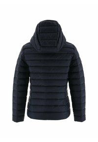 Chaqueta acolchada azul marino con un diseño acolchado, que cuenta con capucha y mangas largas. El material parece suave y aislante.