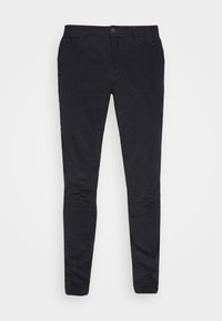 Tmavě modré kordové kalhoty s úzkým střihem, se zapínáním na knoflík a poutky na opasek. Textura je jemně vroubkovaná a hladká, vhodná pro volný čas.