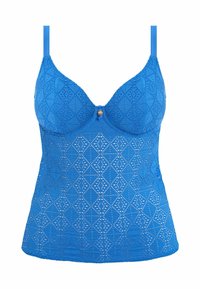 Camisola in pizzo blu con un motivo geometrico, scollatura a V e spalline regolabili. La parte frontale centrale presenta un accento decorativo in legno.