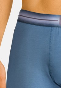 Blauwe sportshorts met een gladde textuur, een elastische tailleband met een contrasterende streep en een aansluitende pasvorm rond de taille.