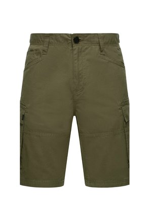 Olijfgroene cargoshorts, gemaakt van gestructureerde stof. Kenmerken zijn onder andere zij- en voorkwamen, een knoopsluiting en lussen voor een riem.