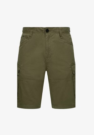 Olijfgroene cargoshorts, gemaakt van gestructureerde stof. Kenmerken zijn onder andere zij- en voorkwamen, een knoopsluiting en lussen voor een riem.