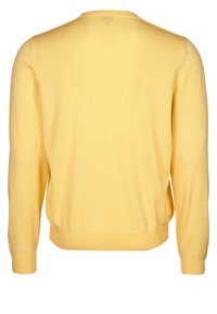 Maglione giallo, in tessuto a maglia, con scollatura tonda, maniche lunghe, polsini e orlo ribattuti, tessitura uniforme, senza motivi o decorazioni visibili.