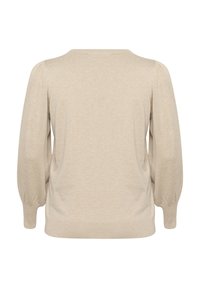 Pull en tricot beige avec des manches longues évasées et un col rond. Texture lisse et coupe décontractée. Aucun motif ou accent visible.