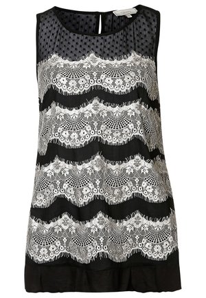 Ärmelloses schwarzes Kleid mit transparentem, gepunktetem Oberteil und vier horizontalen weißen Spitzenbändern mit Blumenmustern auf der Vorderseite.