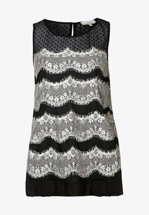 Czarna sukienka bez rękawów z przezroczystym górnym panelem w groszki oraz czterema poziomymi białymi koronkowymi pasami z kwiatowymi wzorami na przodzie.
