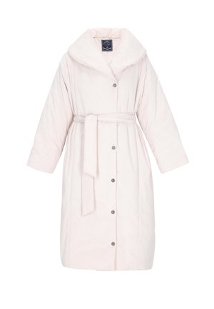 Kerge roosa tikitud hommikumantel kõrge kraega, isetõmmatav vöö ja nööbihakkega. Omab laiu varrukaid ja pehmet tekstuuri.