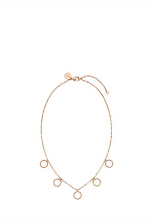 Feine Halskette aus Roségold mit fünf strukturierten runden Anhängern, die gleichmäßig entlang der Kette verteilt sind, und einem kleinen runden Anhänger nahe dem Verschluss.