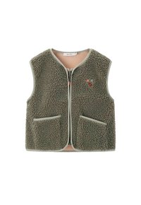 Fleece-Weste in Olivgrün mit einer weichen strukturierten Oberfläche, Reißverschluss, zwei Fronttaschen und einem Netzfutter. Mit dekorativer Steppnaht.