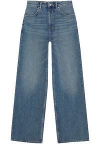 Högmidjade, vida blå denimjeans med framfickor, bältesöglor, knapp och dragkedjestängning.