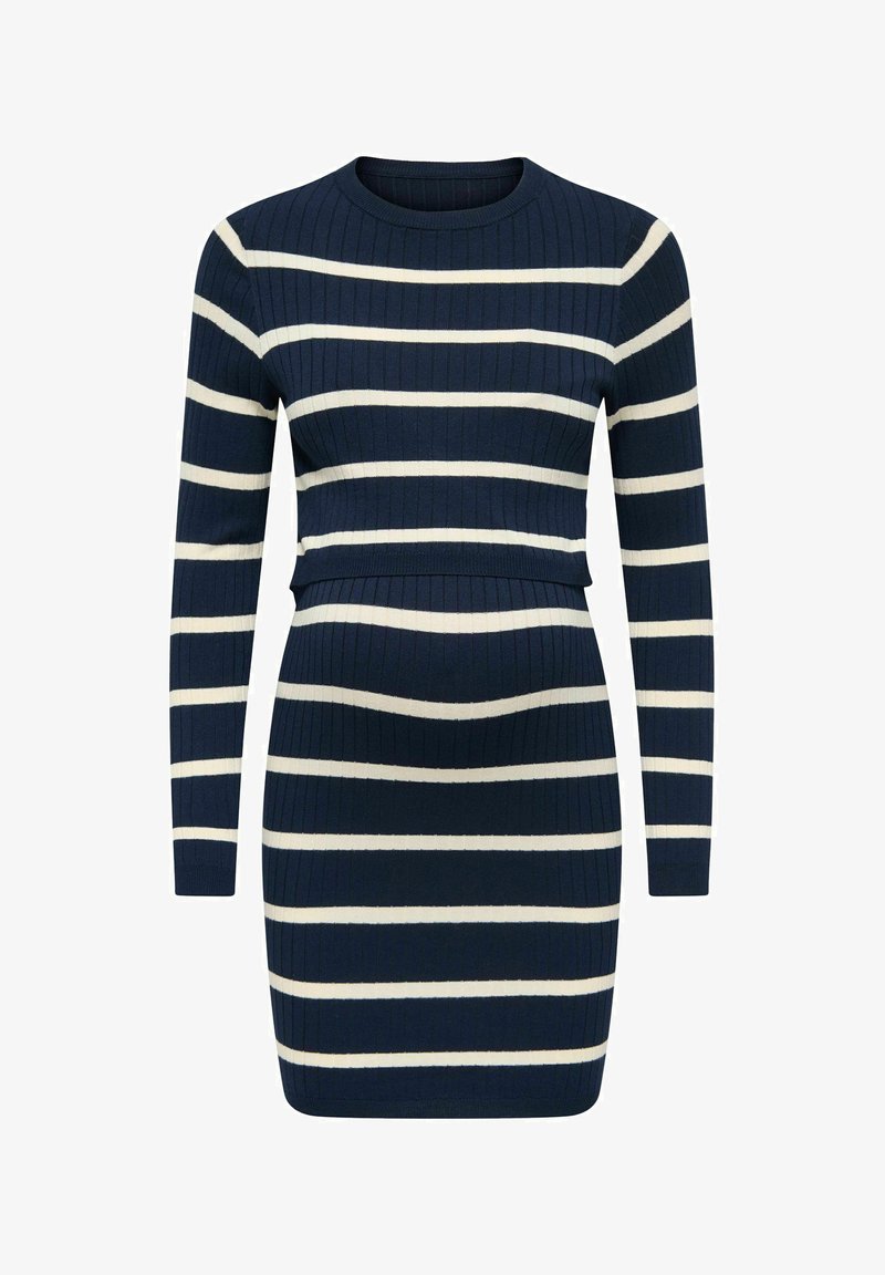 Robe en maille côtelée bleu marine avec manches longues et rayures blanches horizontales, présentant une silhouette ajustée et un col rond.