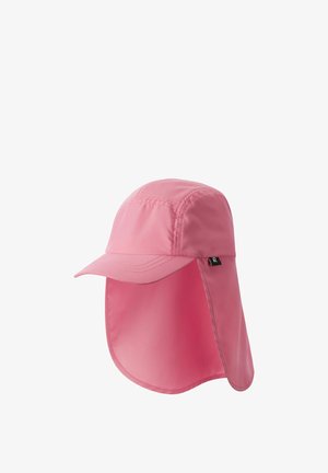 Rosa solhat med en buet skygge og forlænget nakke-flap. Lavet af letvægtsstof, med stitched sømme og et logo-tag på siden.