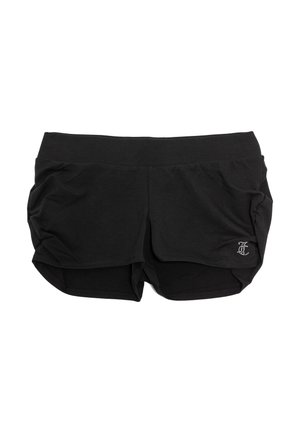 Pantaloncini neri in tessuto plissé con una fascia larga in vita e logo di strass sul lato inferiore destro.